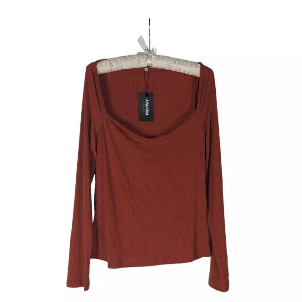 NWT Avanova Sz XL Women's Orange Square Neck Ribbed Knit Long Sleeve Blouse